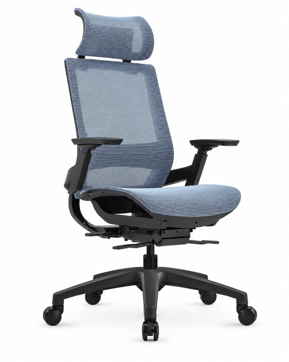 FLEXURE BLUE BLACK OFFICE CHAIR WITH HEADREST — Angled view