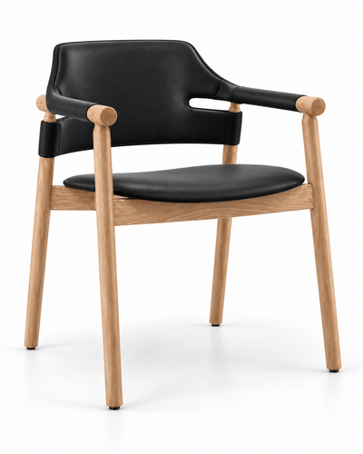 FRAME DINING CHAIR WITH ARMRESTS angled view — black leather