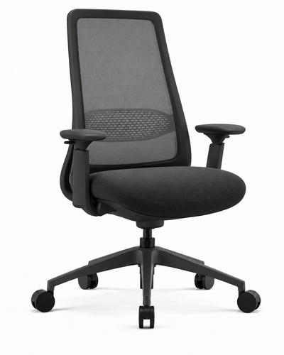 FULCRUM BLACK OFFICE CHAIR — Front three-quarter view